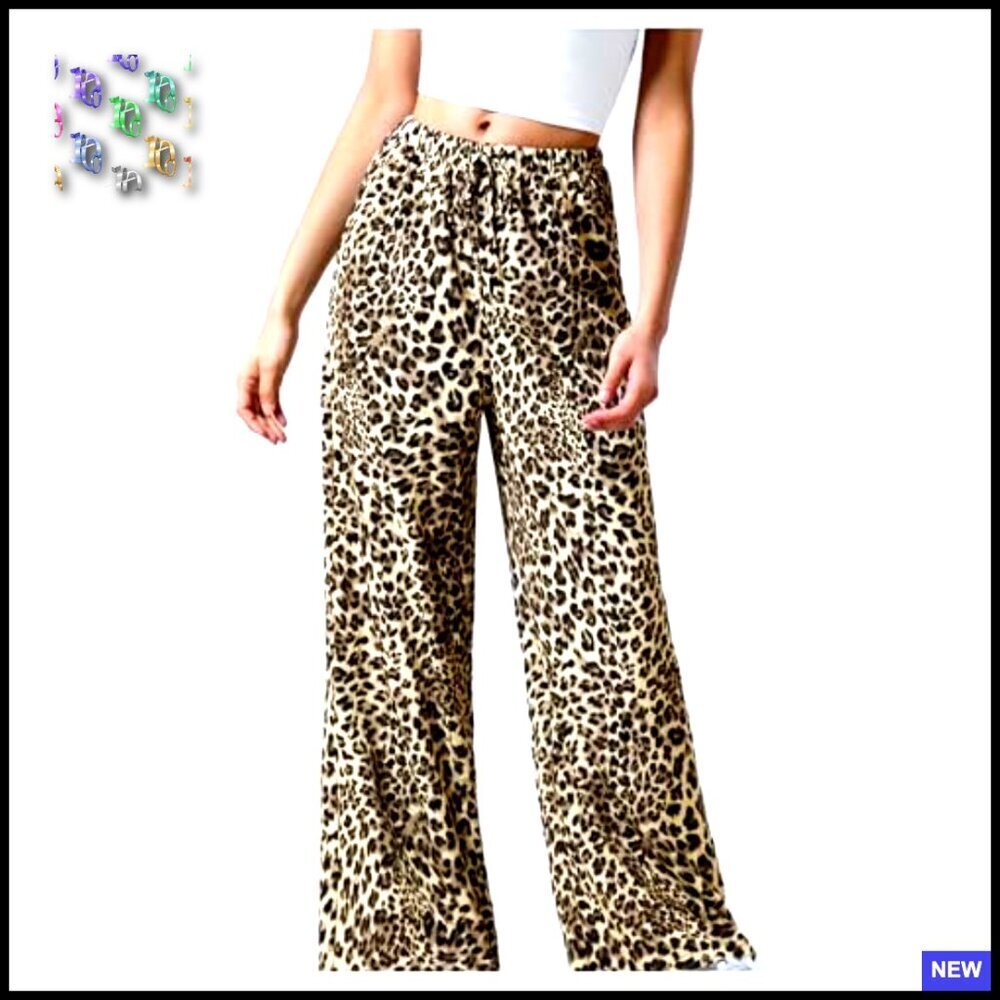Leopard Print Wide Leg Trousers Drawstring Waist Tie Front Chic Casual - Picture 4 of 5